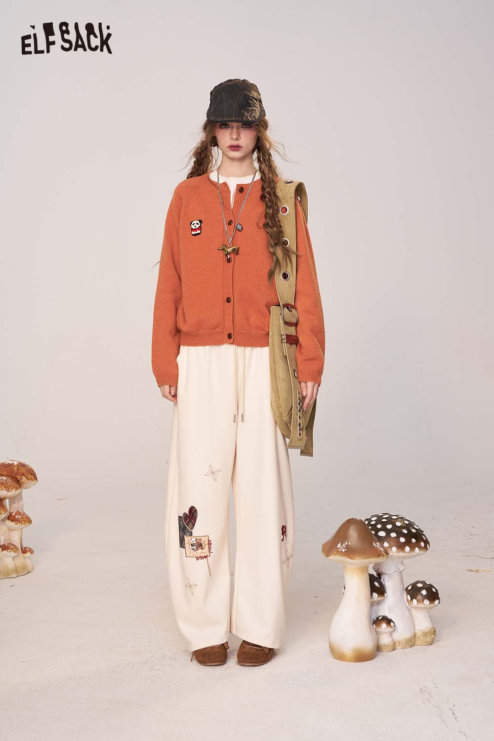 ELFSACK women's cartoon embroidery knit cardigan in orange with playful designs for a stylish look
