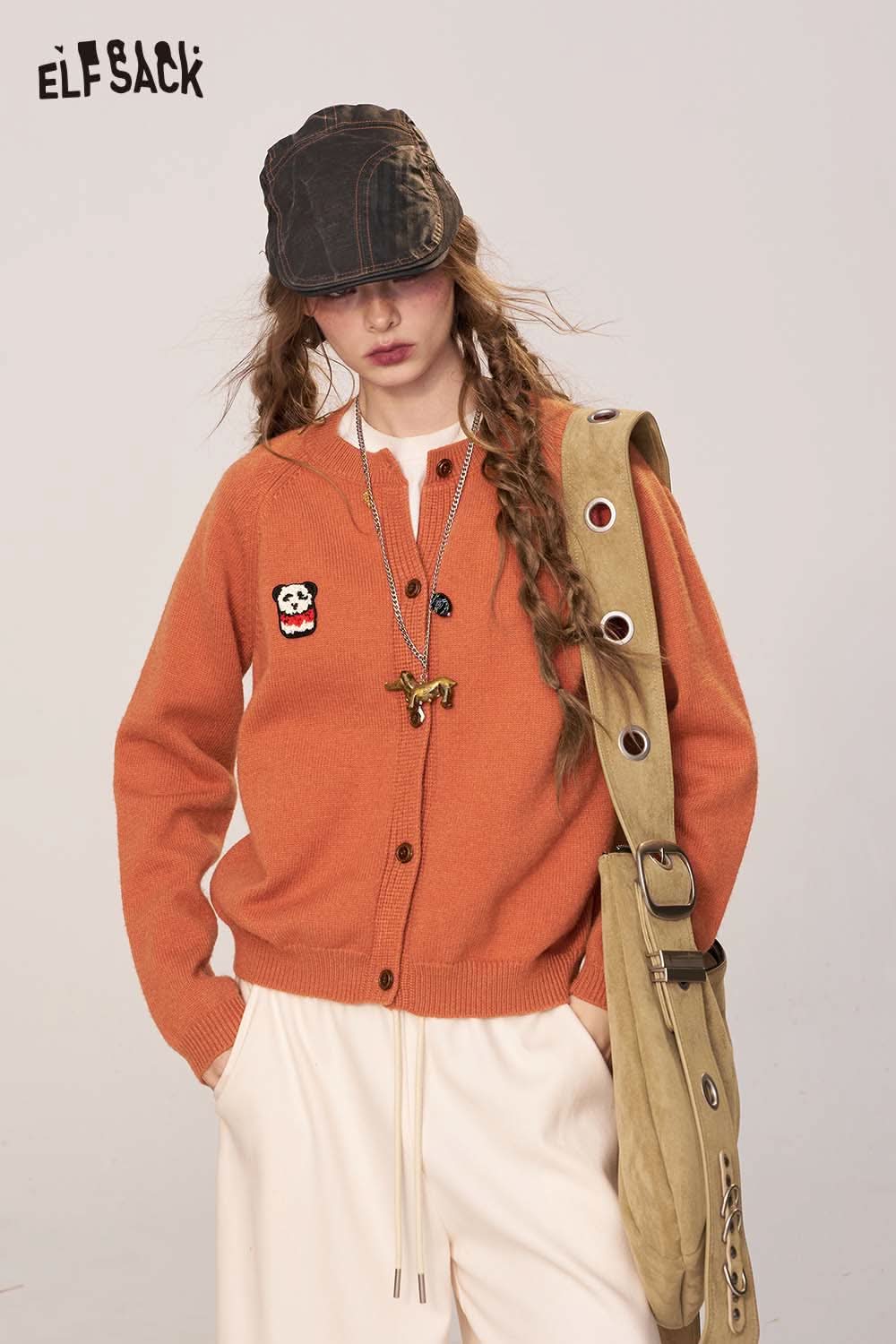 ELFSACK women's cartoon embroidery knit cardigan in orange with playful patches for a stylish look
