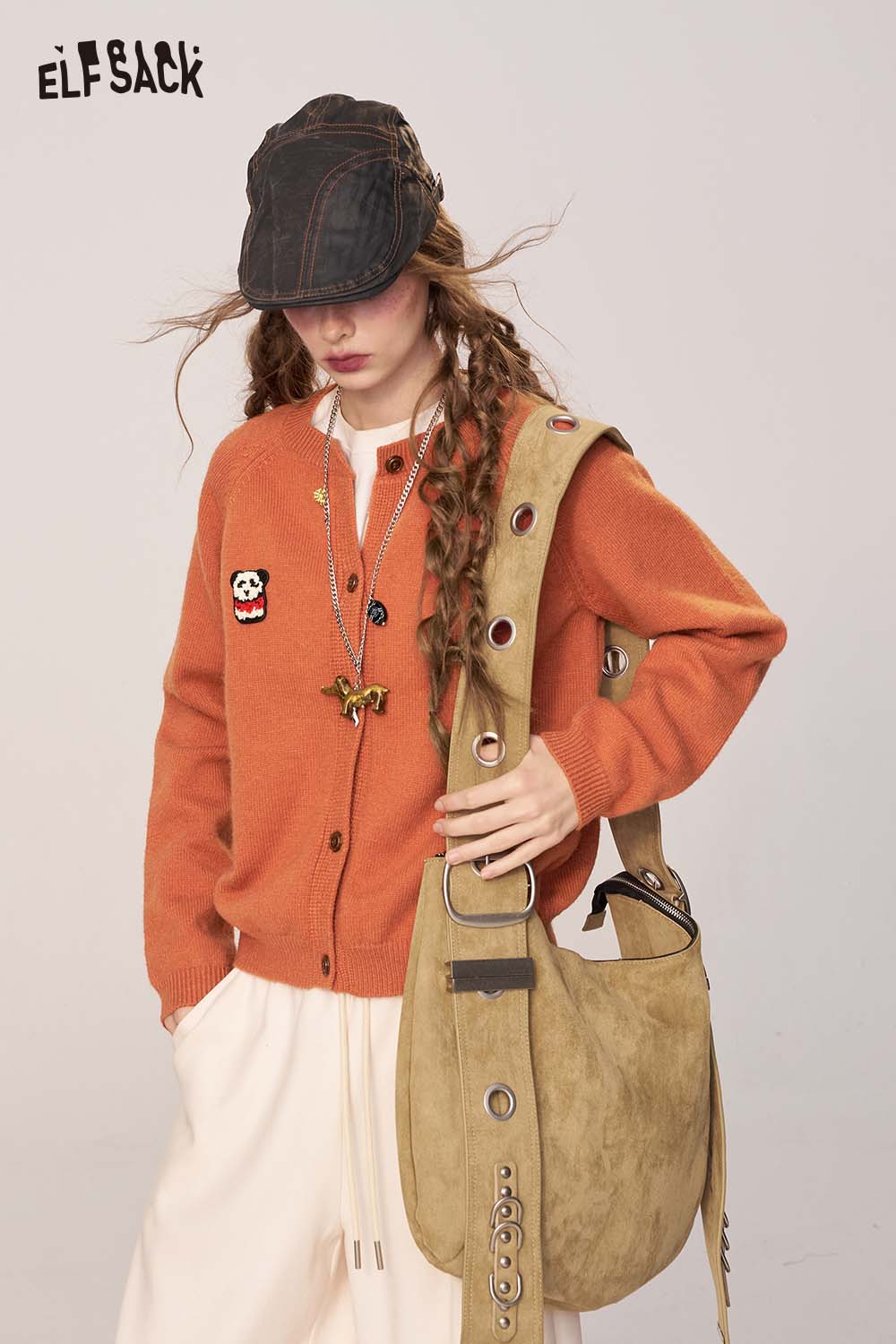 ELFSACK women's cartoon embroidery knit cardigan in orange with unique patches and casual style