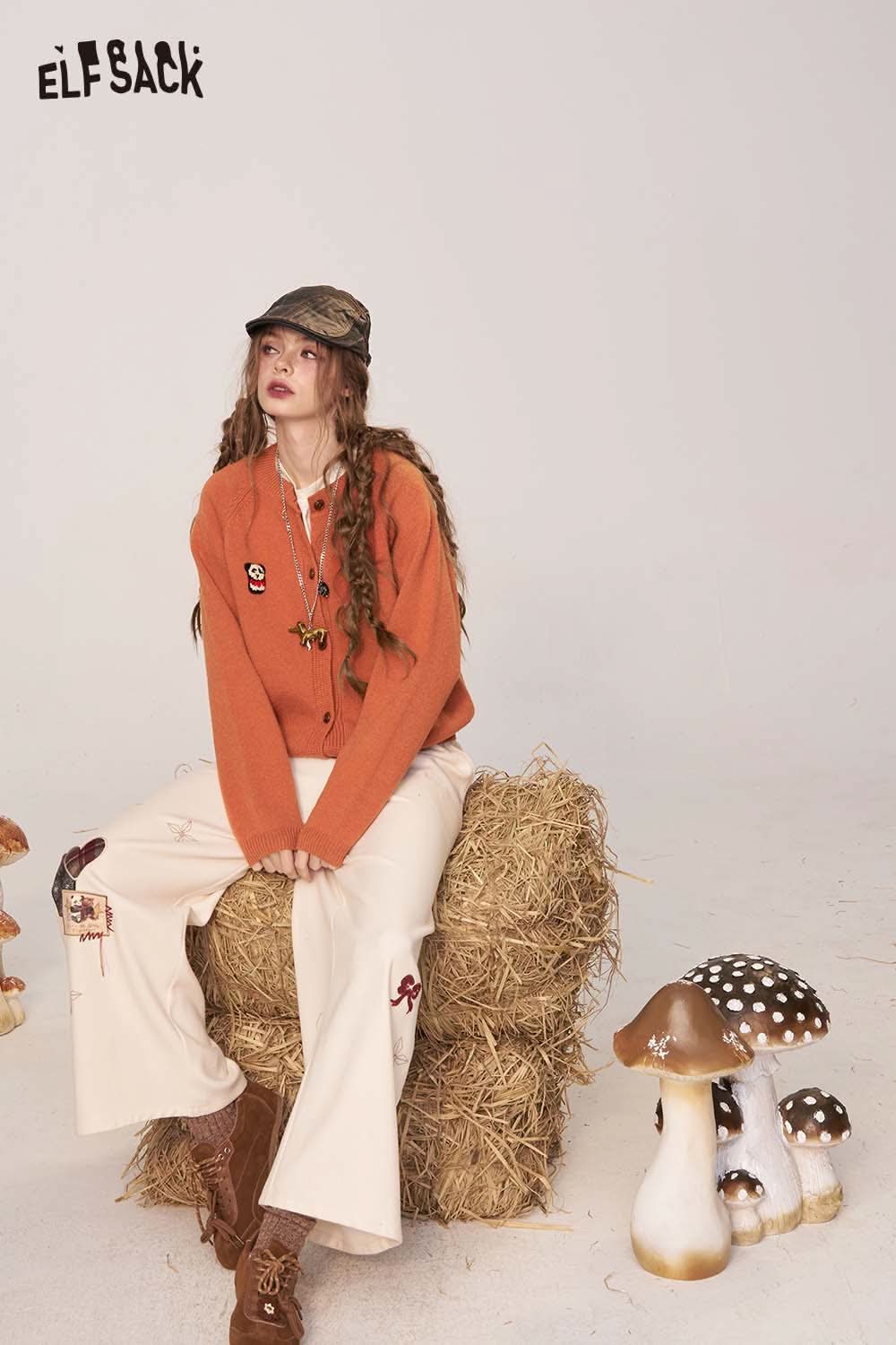 ELFSACK women's cartoon embroidery knit cardigan in orange with playful designs for a cozy look