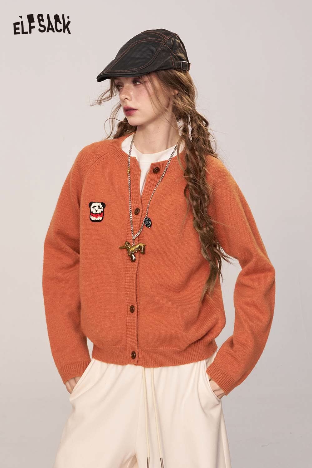 ELFSACK women's cartoon embroidery knit cardigan in orange with playful panda design