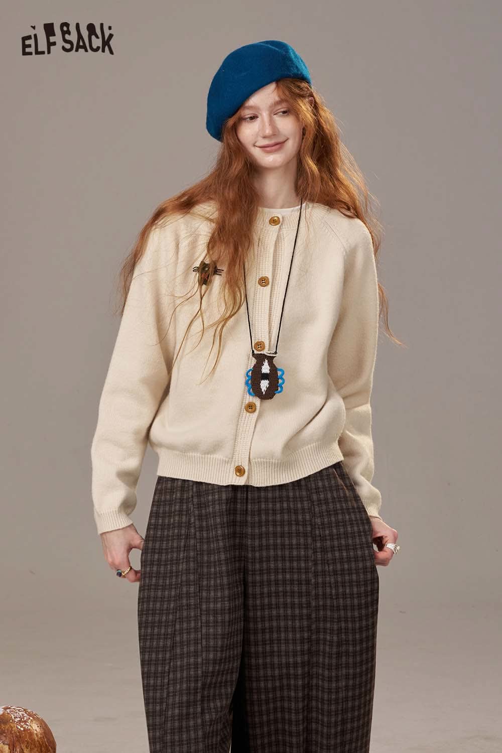 Cream ELFSACK women's cartoon embroidery knit cardigan with buttons and playful designs
