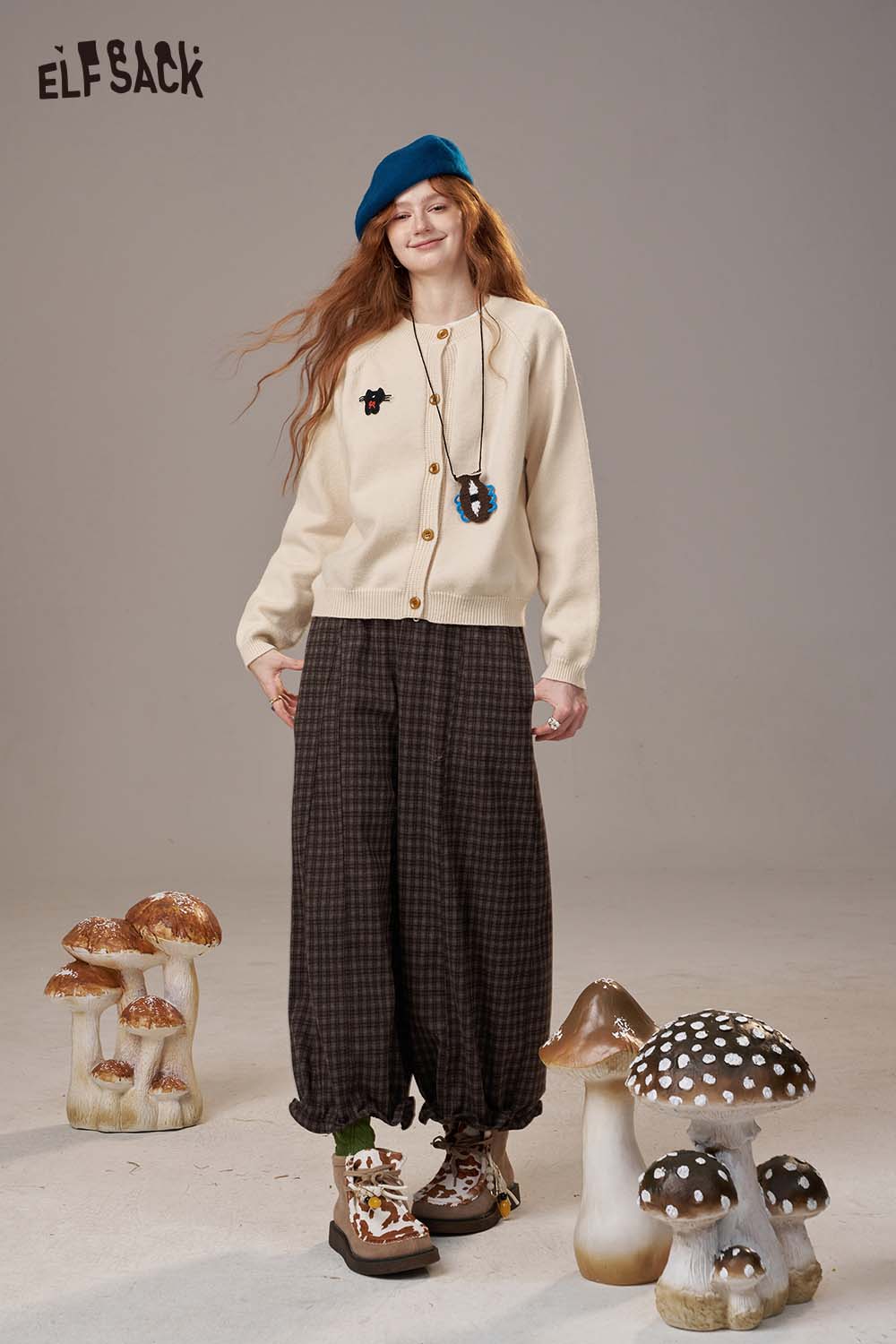 ELFSACK women's cartoon embroidery knit cardigan in beige with playful designs, perfect for casual outfits