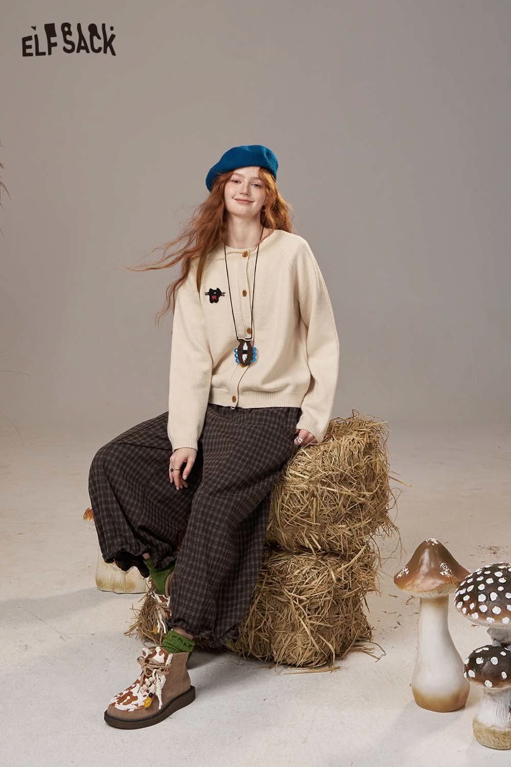 ELFSACK women's cartoon embroidery knit cardigan paired with stylish plaid pants for a trendy look
