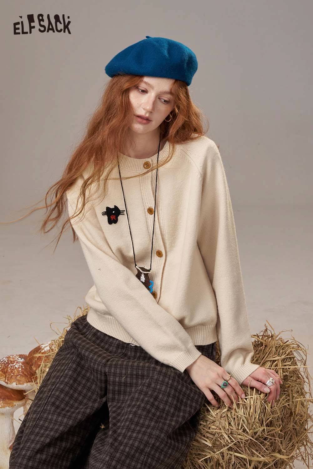 ELFSACK women's cartoon embroidery knit cardigan in beige with cute embroidered details and buttons