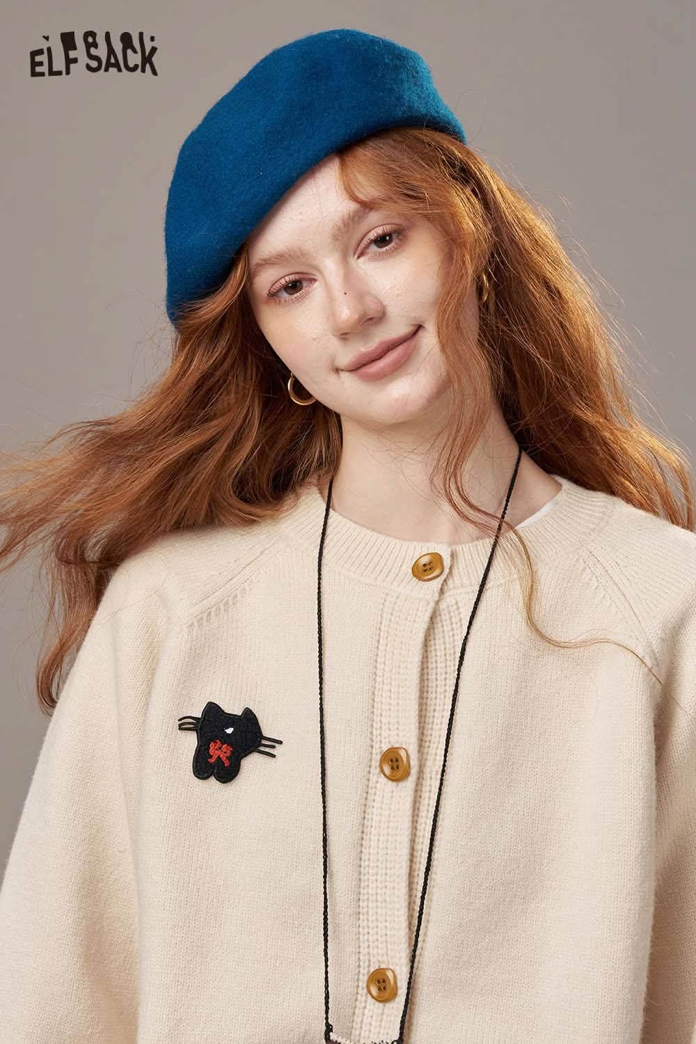 ELFSACK women's cartoon embroidery knit cardigan in cream with playful designs and buttons