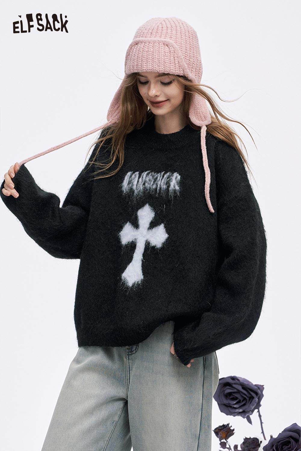 ELFSACK women's casual cross graphic sweater in black with fluffy design for relaxed styling