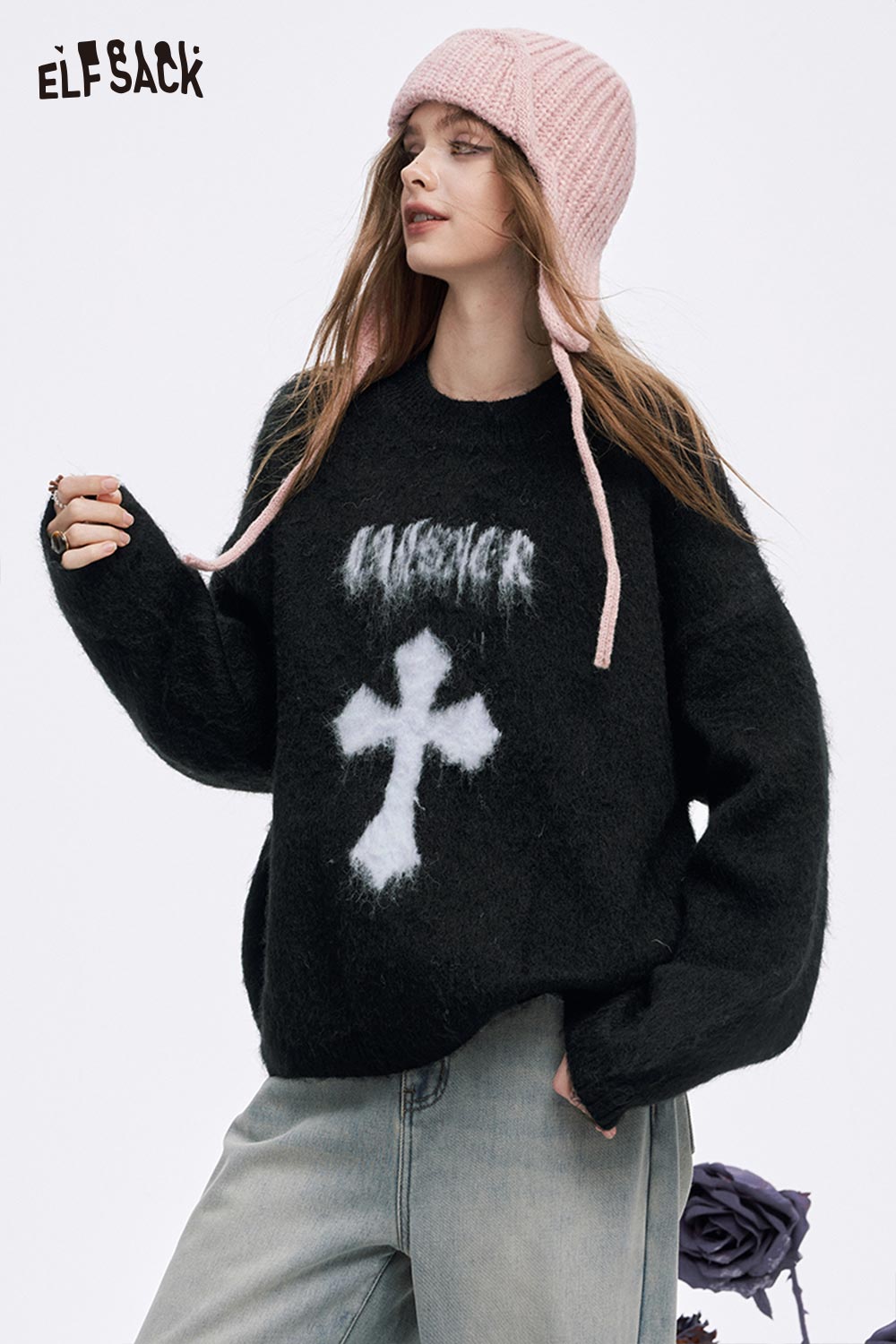 ELFSACK women's casual cross graphic sweater in black with a fluffy design and relaxed fit