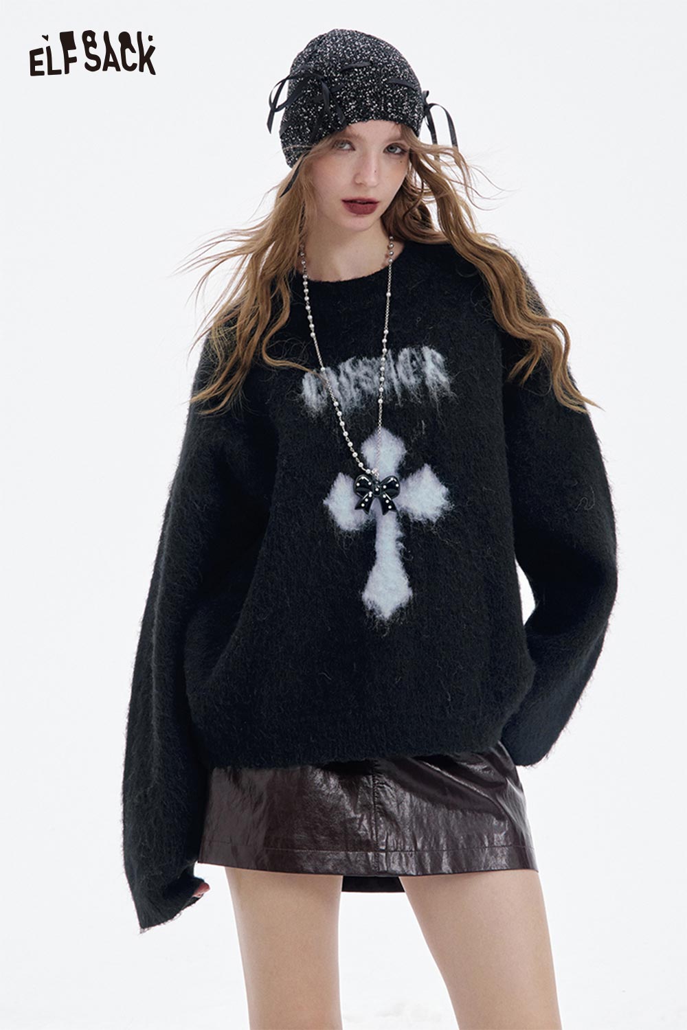 ELFSACK women's casual cross graphic sweater in black with a cozy oversized fit and stylish design