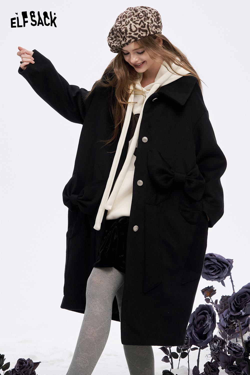 ELFSACK women's casual graphic hoodie layered under a stylish black oversized coat