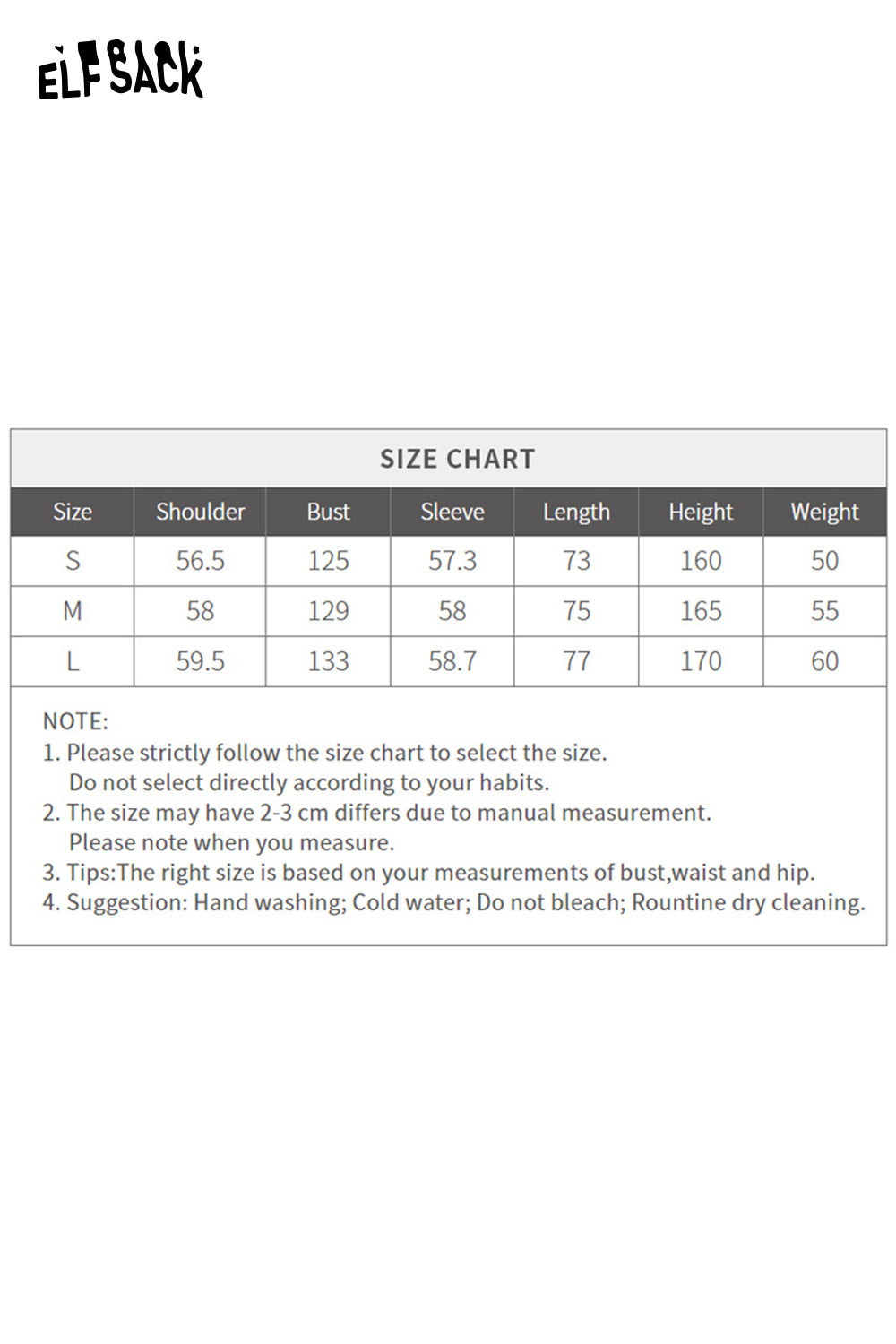 ELFSACK women's casual graphic hoodie size chart with measurements for perfect fitting