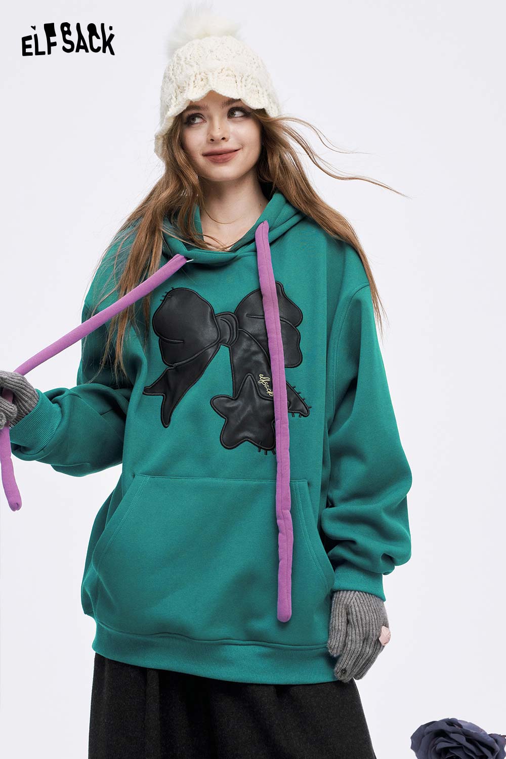 ELFSACK women's casual graphic hoodie in teal with bow design and colorful drawstrings