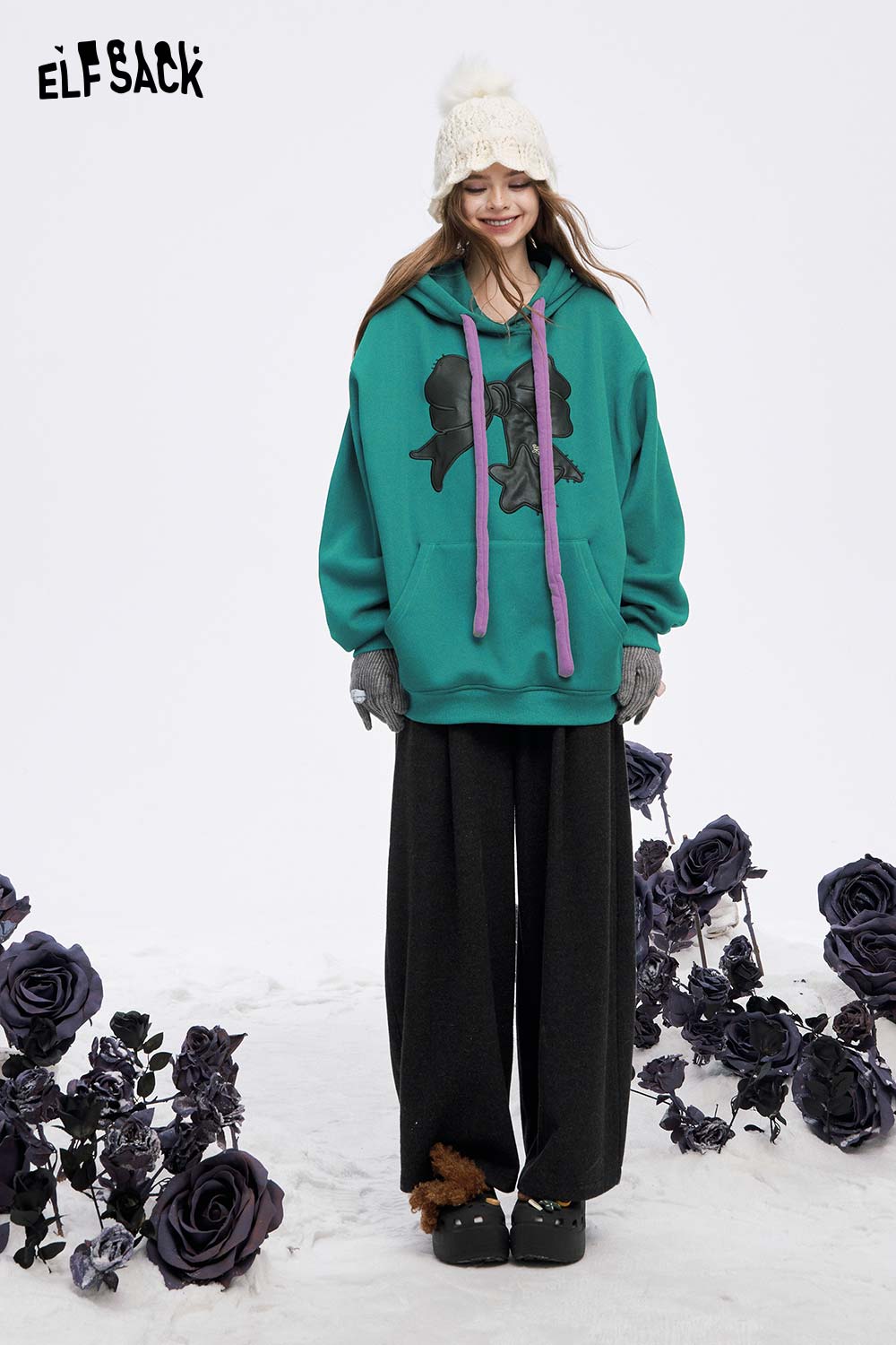 ELFSACK women's casual graphic hoodie in teal with a playful design, perfect for cozy casual wear