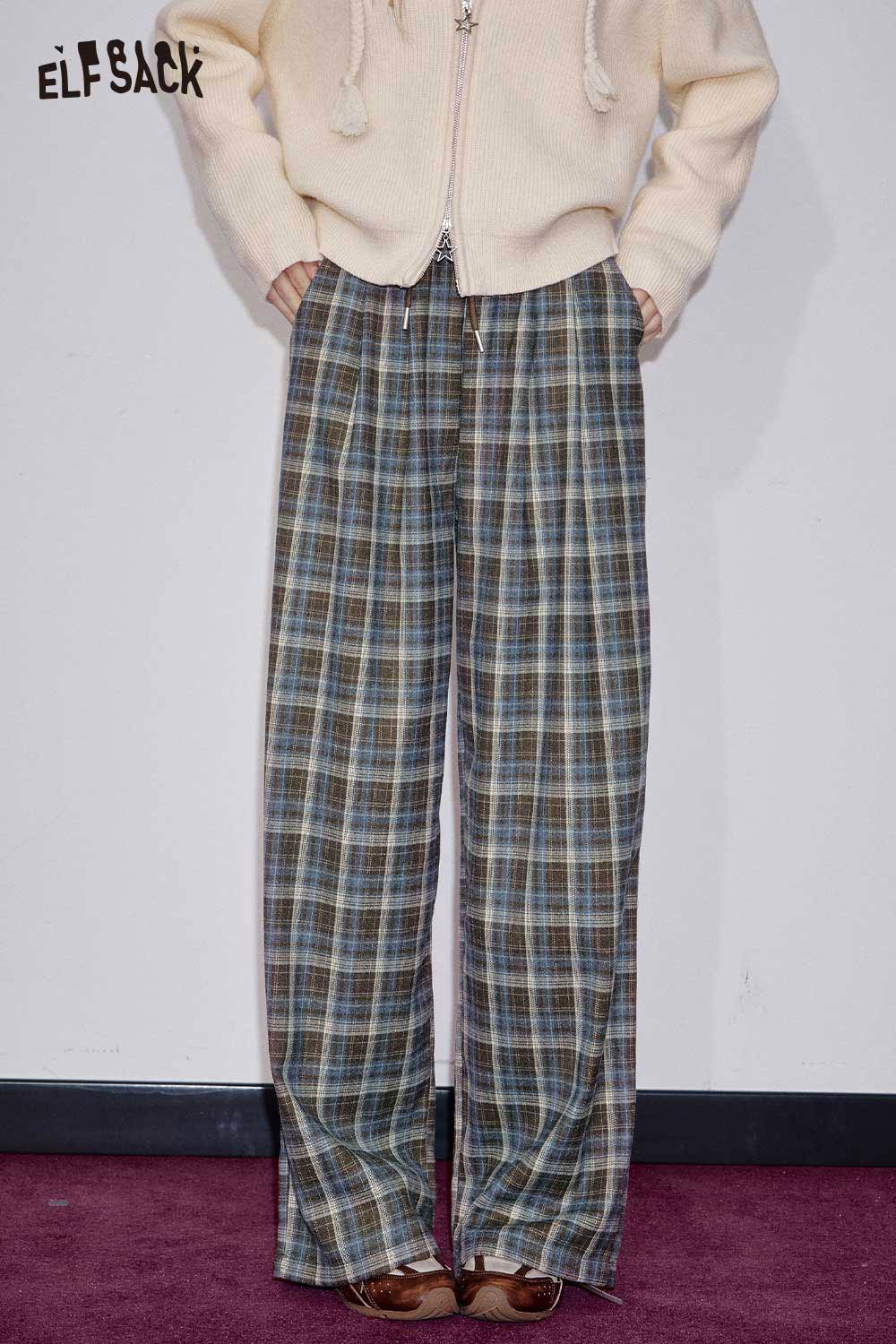 ELFSACK women's check pattern relaxed fit trousers in plaid design for comfortable casual wear