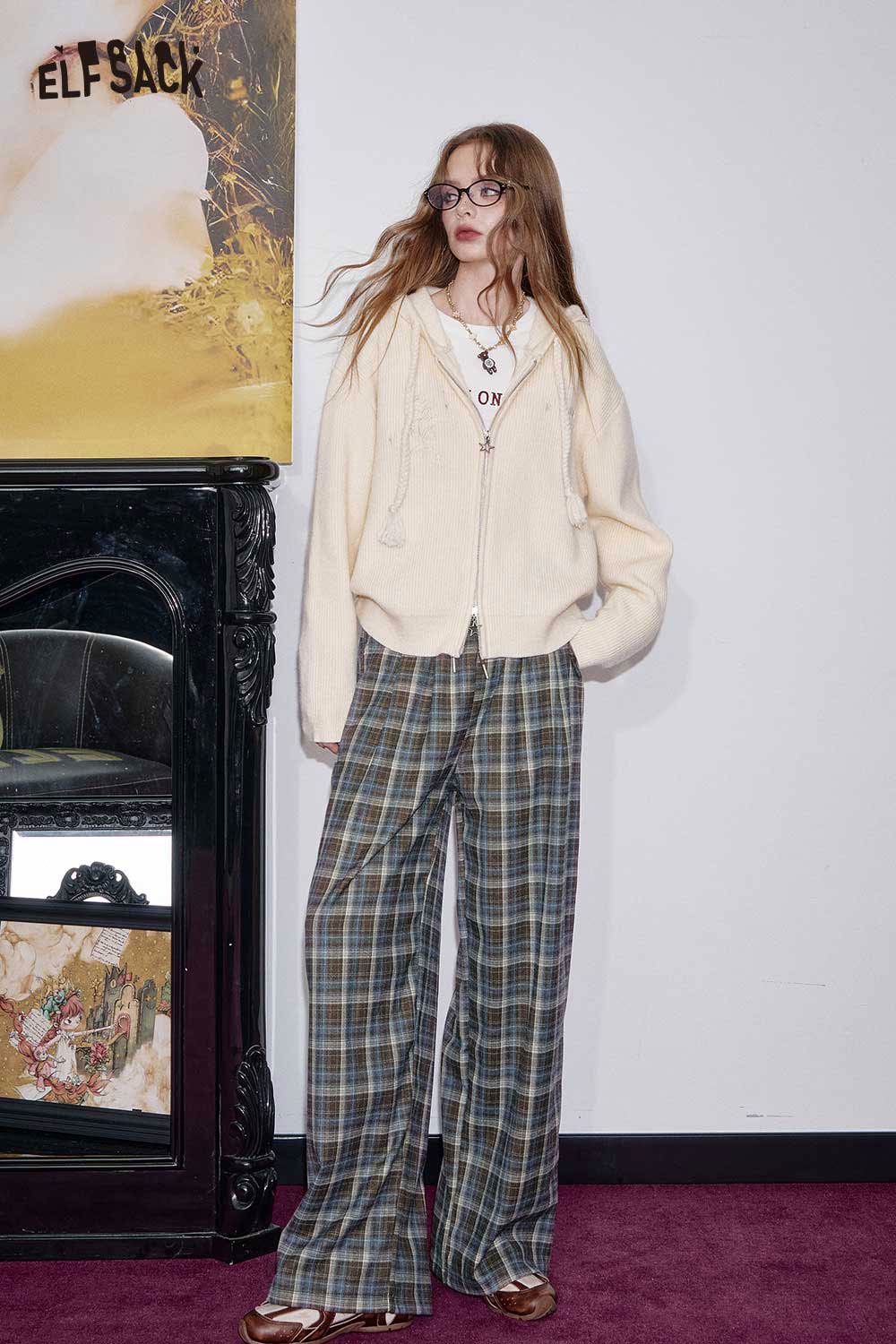 ELFSACK women's check pattern relaxed fit trousers styled with a cozy cream cardigan and casual shoes