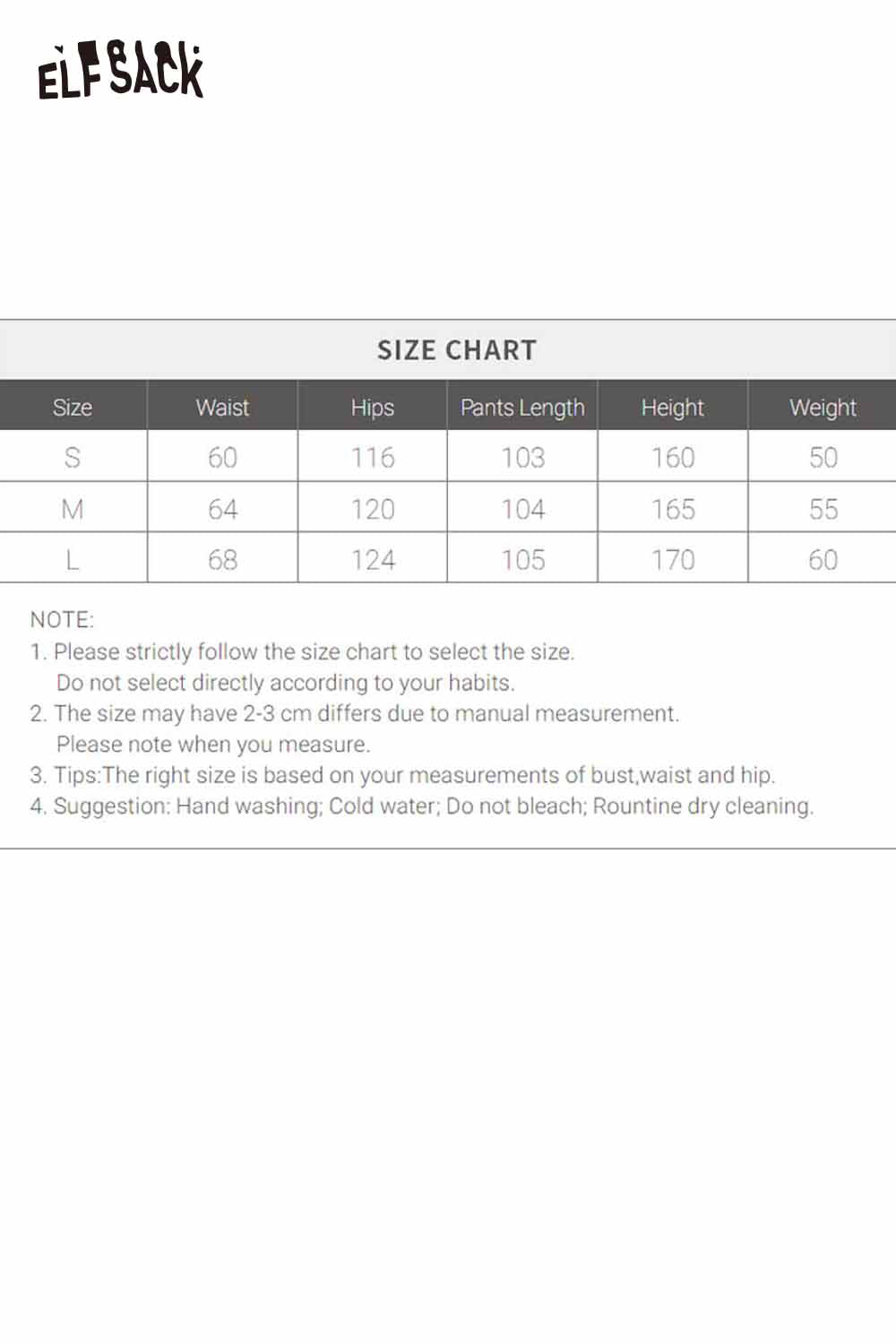 ELFSACK women's check pattern relaxed fit trousers size chart for accurate fitting