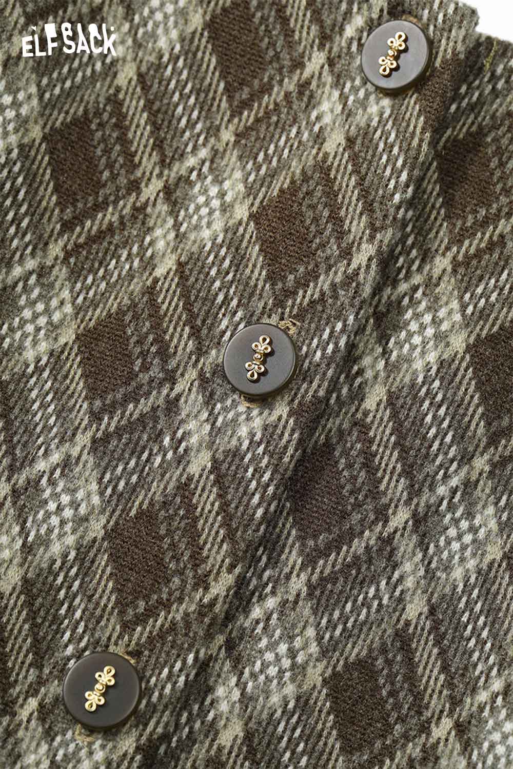 ELFSACK women's check pattern three-piece set featuring stylish brown plaid fabric with elegant buttons
