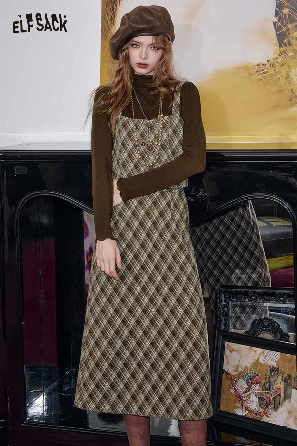 ELFSACK women's check pattern three-piece set featuring a stylish dress and top combination