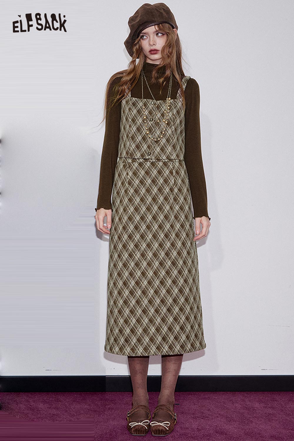 ELFSACK women's check pattern three-piece set featuring a stylish dress with a turtleneck and accessories