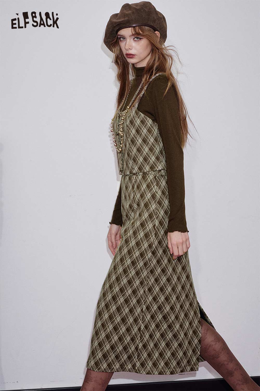 ELFSACK women's check pattern three-piece set featuring a stylish long dress, top, and accessories