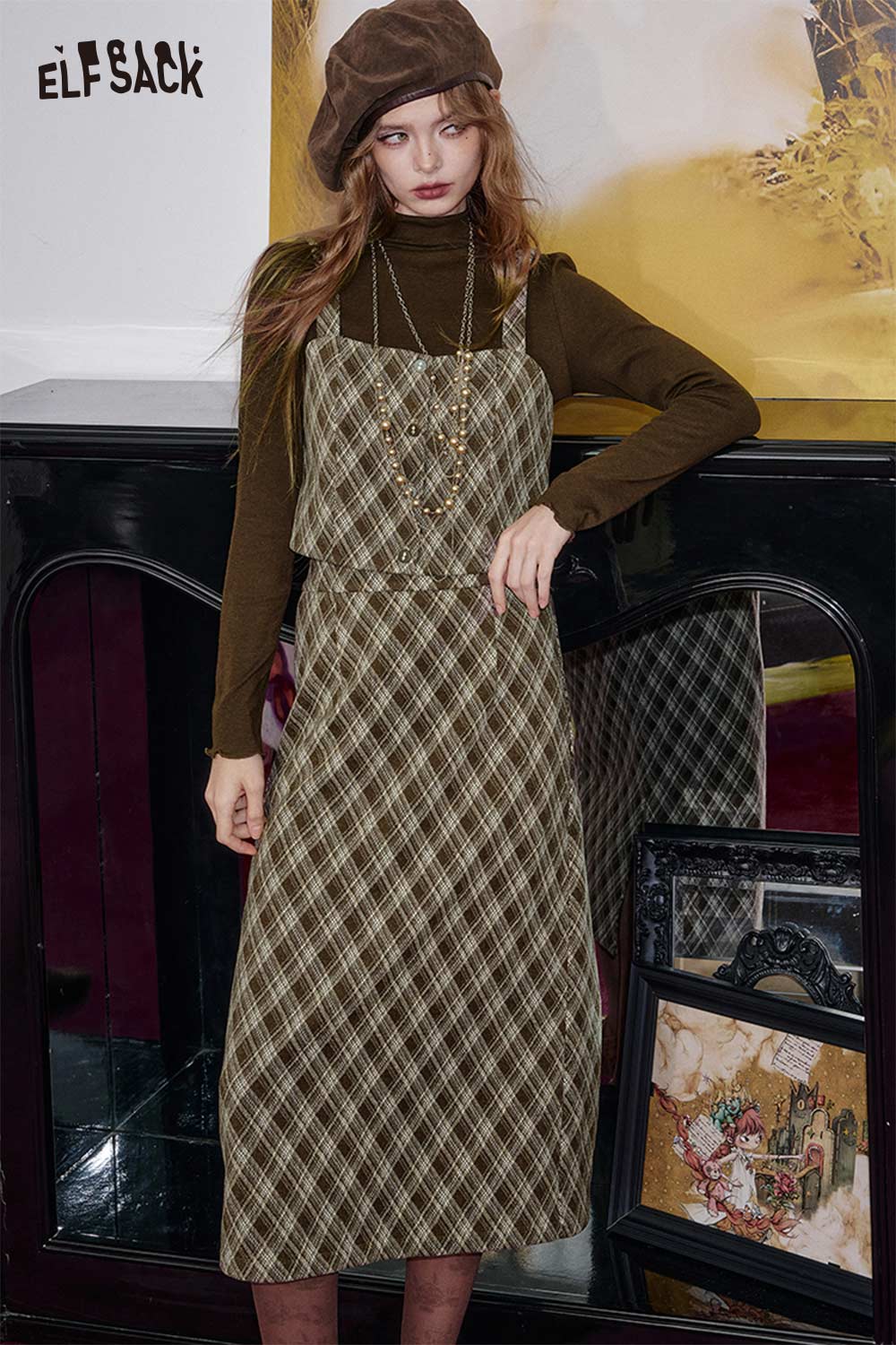 ELFSACK women's check pattern three-piece set featuring a dress and layered top for stylish fall looks