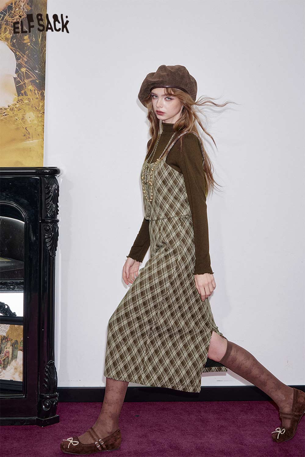 ELFSACK women's check pattern three-piece set featuring a stylish dress layered with a long-sleeve top
