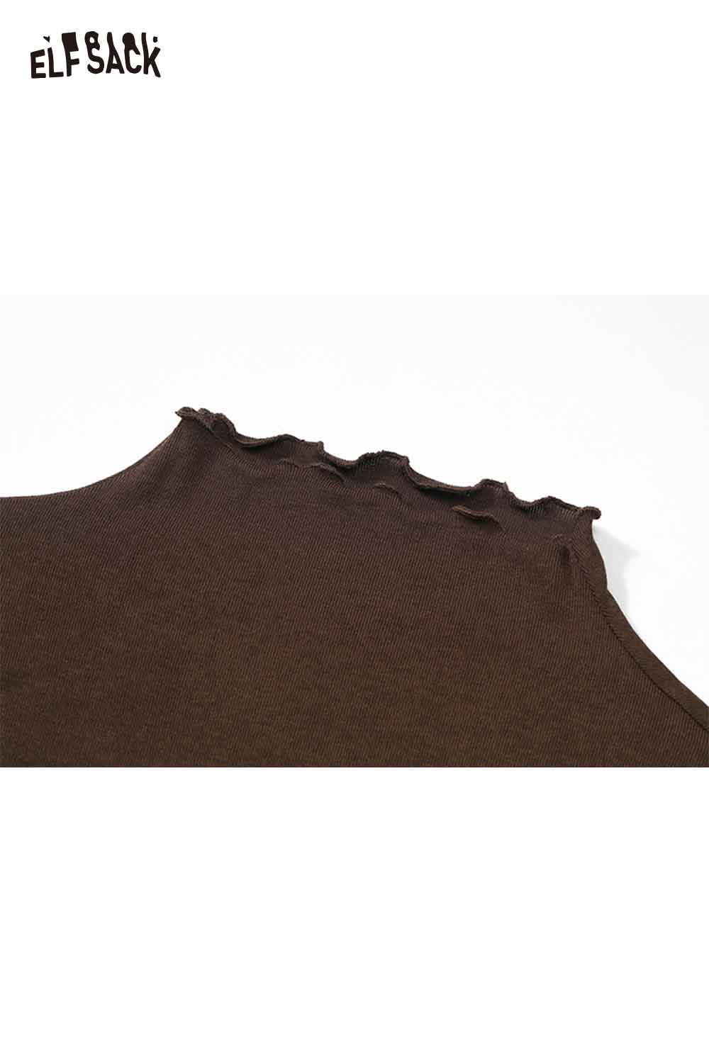 Close-up of ELFSACK women's check pattern three-piece set showcasing a stylish brown top with ruffled neckline detail