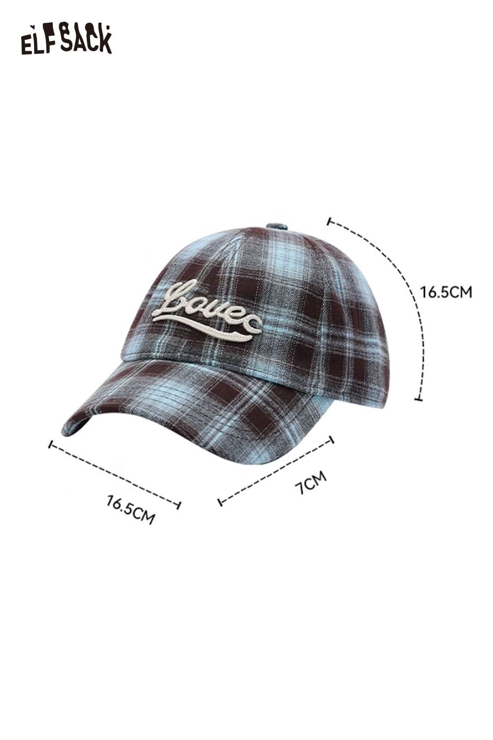 ELFSACK women's checkered baseball cap in blue and brown with stylish embroidery for casual wear