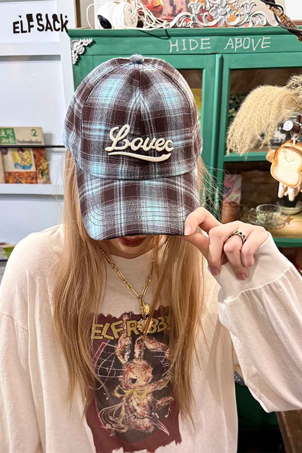 ELFSACK women's checkered baseball cap in brown and blue plaid with embroidered Love text