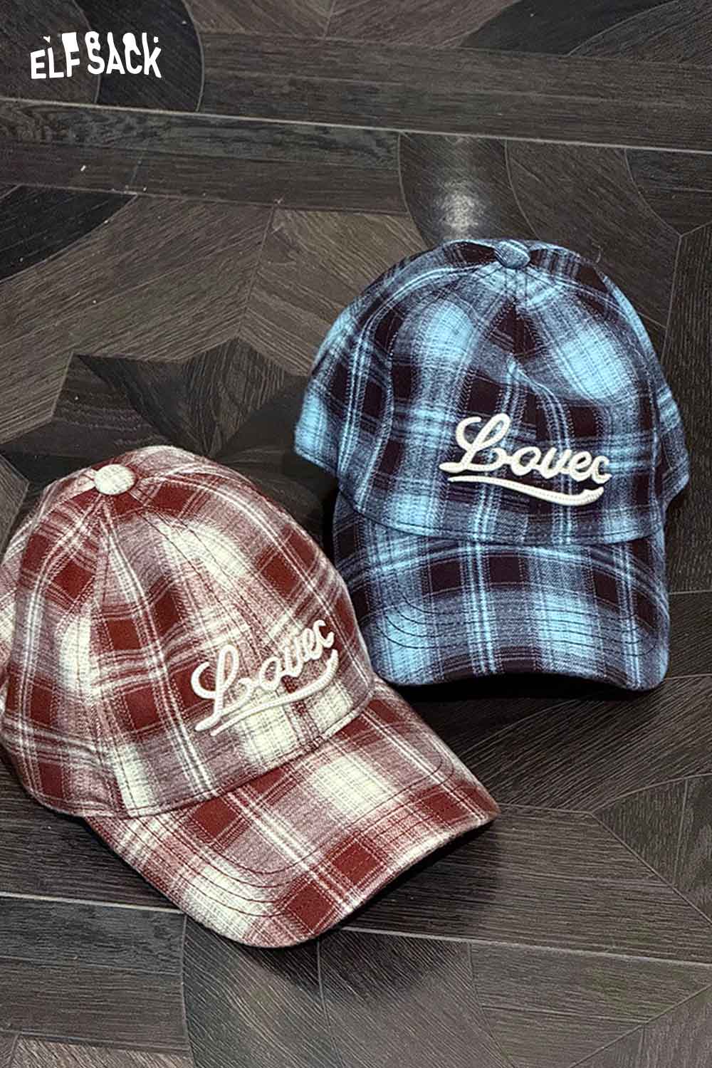 ELFSACK women's checkered baseball cap in red and blue plaid with embroidered Lovec logo