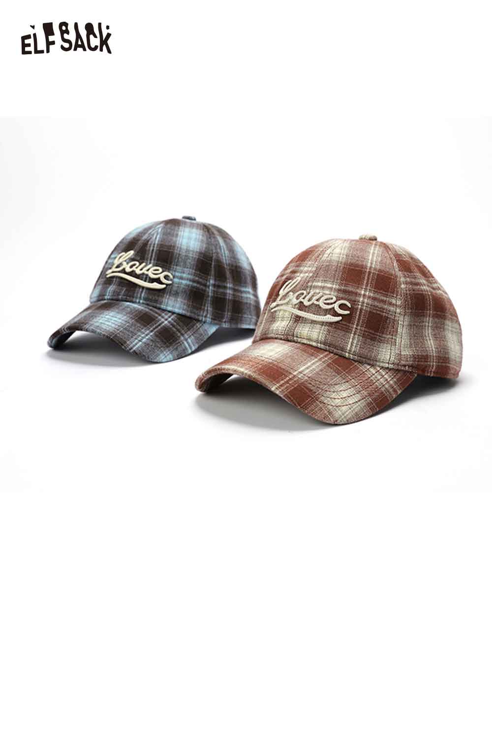 ELFSACK women's checkered baseball cap in blue and brown plaid with embroidered lettering