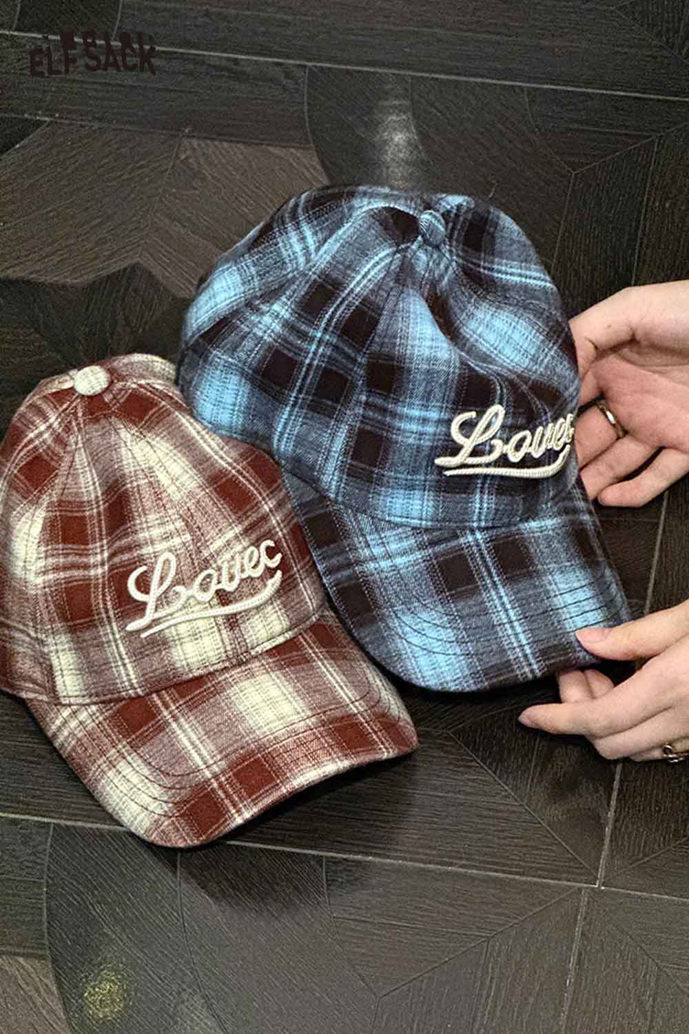 ELFSACK women's checkered baseball cap in blue and brown with embroidered lettering