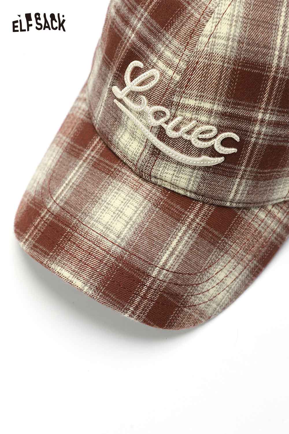 ELFSACK women's checkered baseball cap in brown plaid with embroidered logo for casual style