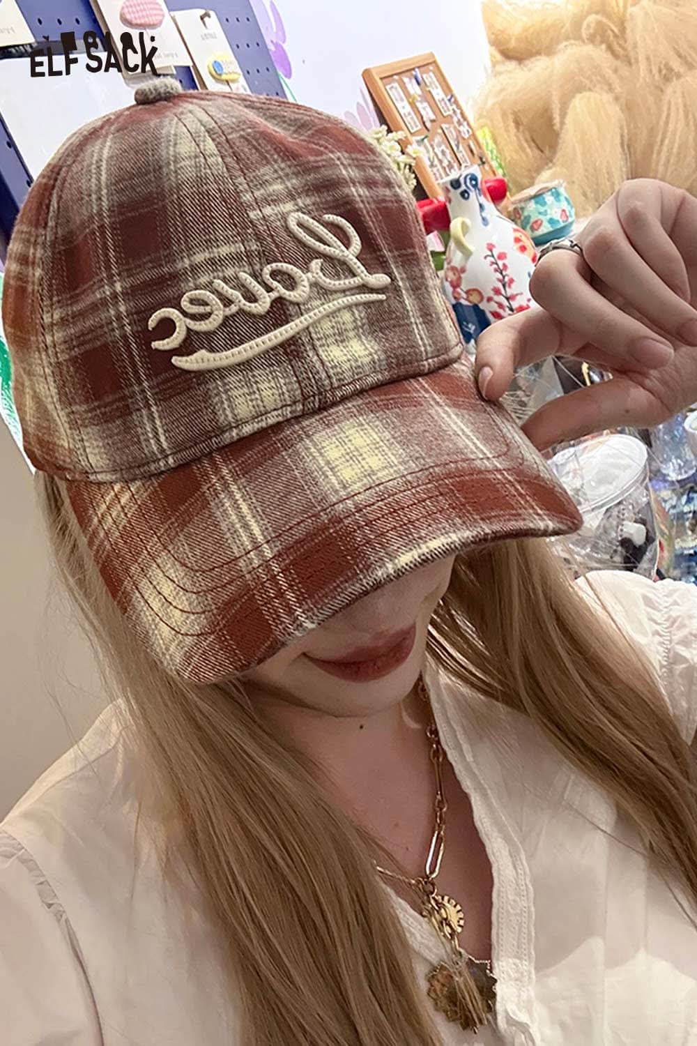 ELFSACK women’s checkered baseball cap in brown plaid design with stylish embroidered lettering