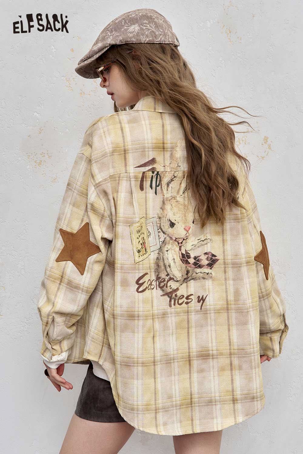 ELFSACK women's checkered contrast collar shirt with artistic design and star patches on sleeves