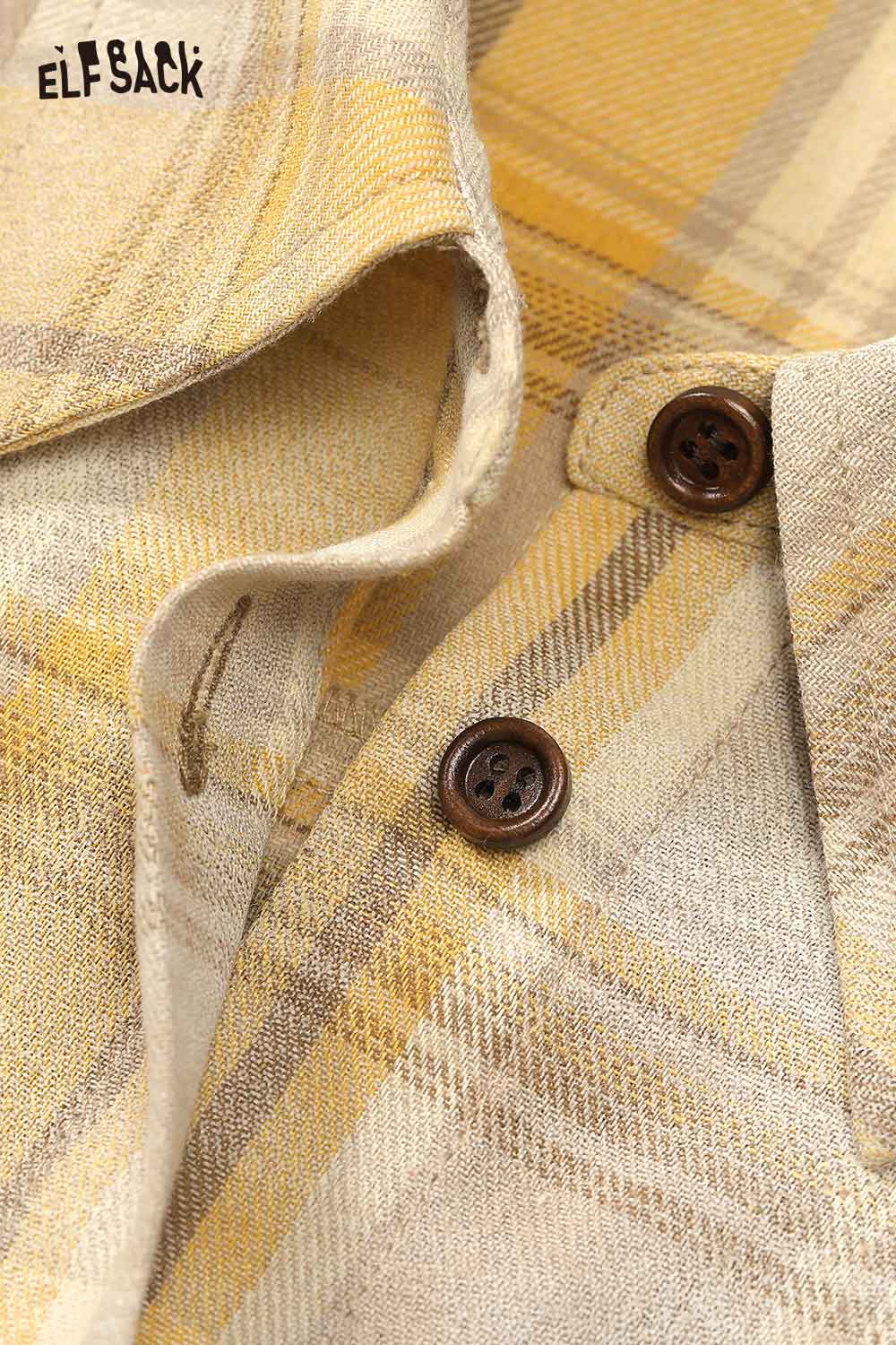 Close-up of ELFSACK women's checkered contrast collar shirt showcasing fabric texture and button details