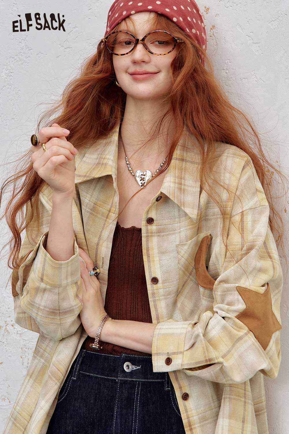 ELFSACK women's checkered contrast collar shirt in beige with stylish details for casual wear