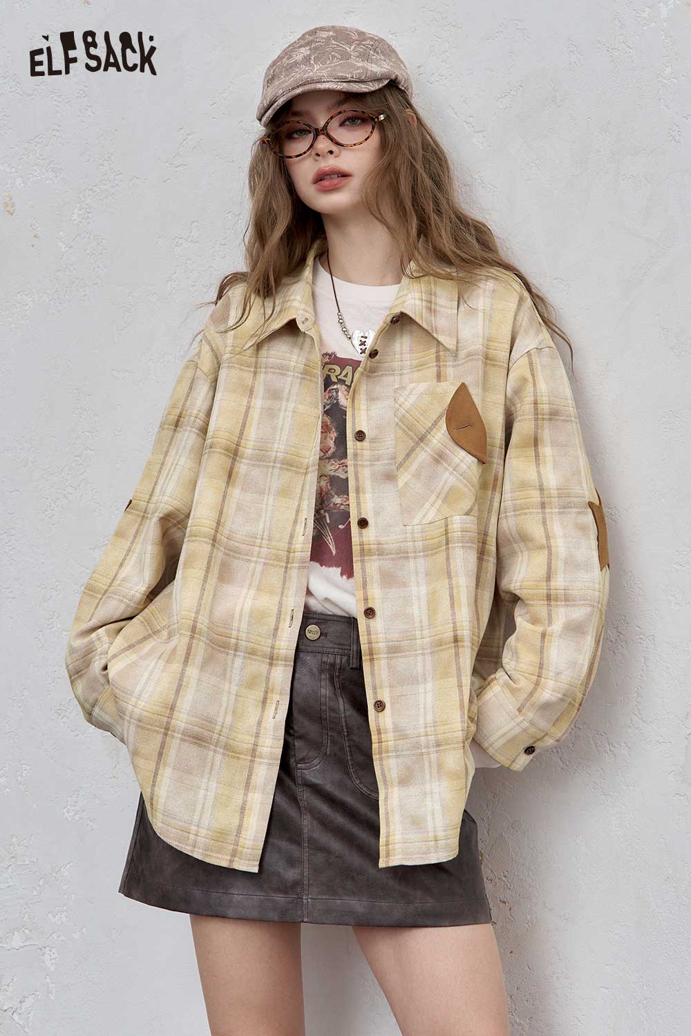 ELFSACK women's checkered contrast collar shirt in yellow with a stylish pocket and relaxed fit