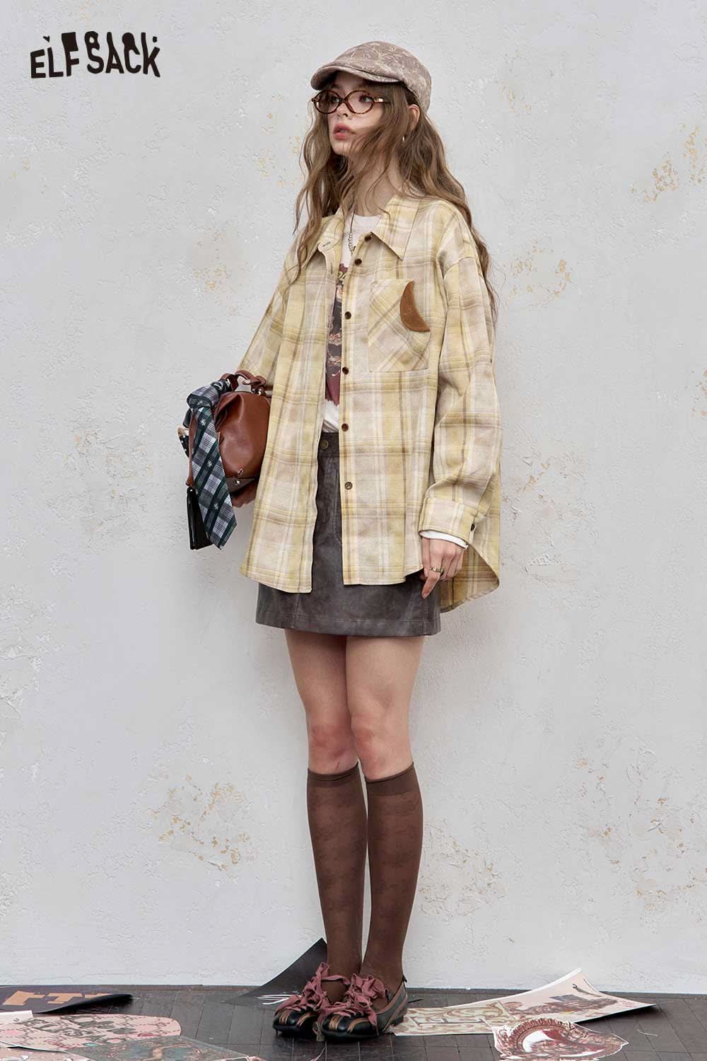 ELFSACK women's checkered contrast collar shirt in yellow with stylish oversized fit and unique design