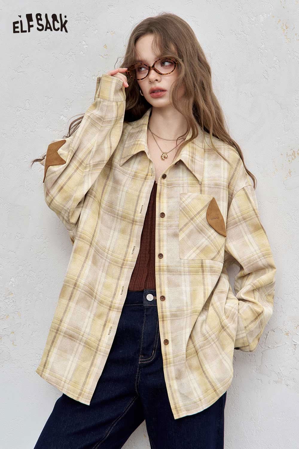 ELFSACK women's checkered contrast collar shirt in yellow with brown accents for a stylish look