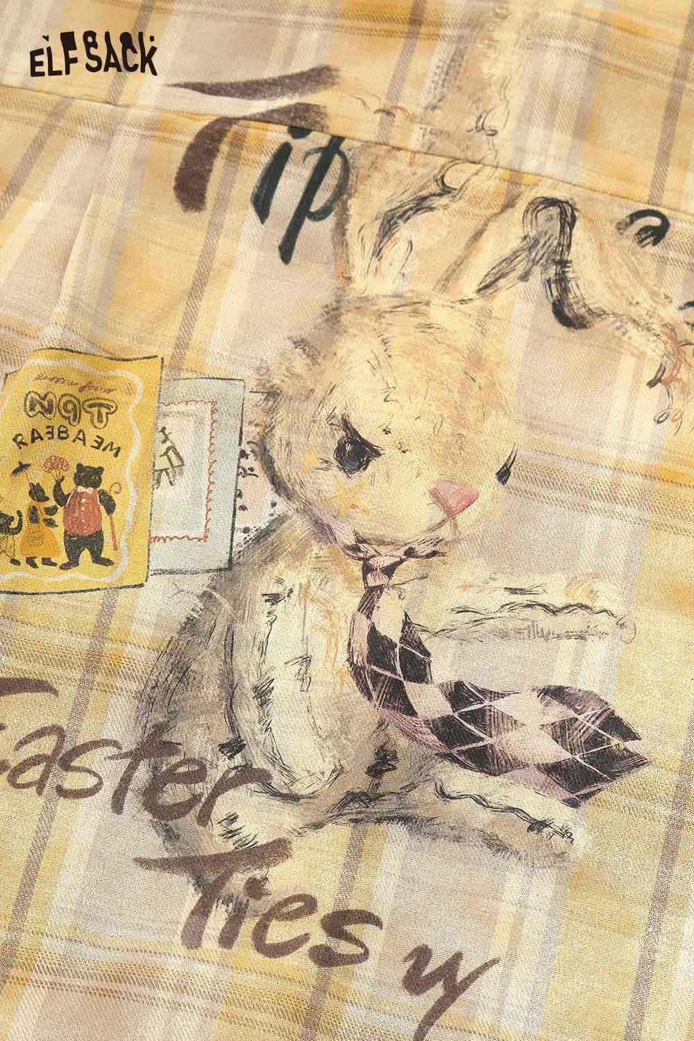 ELFSACK women's checkered contrast collar shirt featuring a cute rabbit design and vintage print