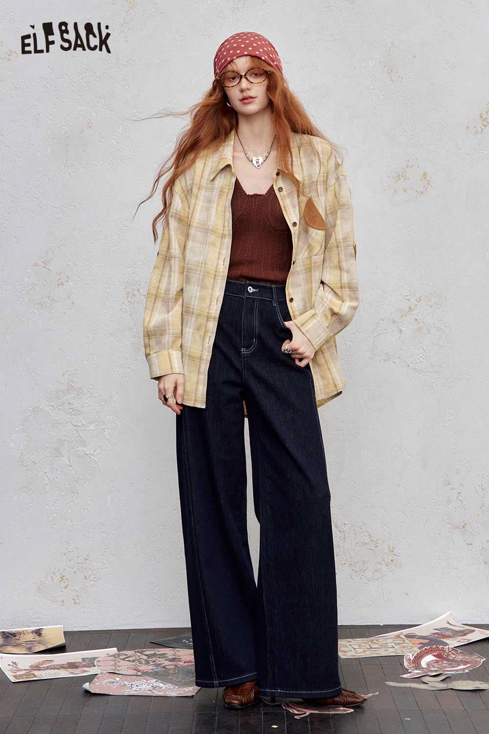 ELFSACK women's checkered contrast collar shirt styled with high-waisted jeans and accessories