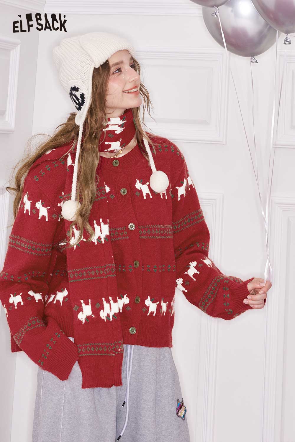 ELFSACK women's Christmas animal graphic cardigan in red with festive reindeer design and buttons