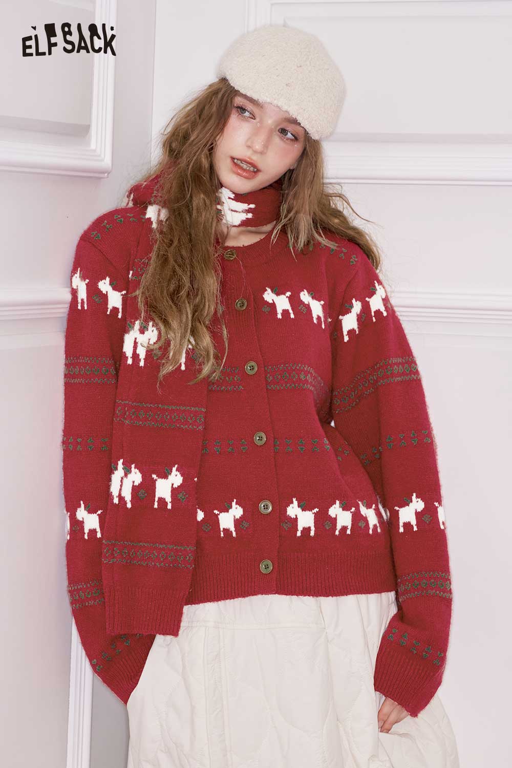 ELFSACK women's Christmas animal graphic cardigan in red with festive reindeer design