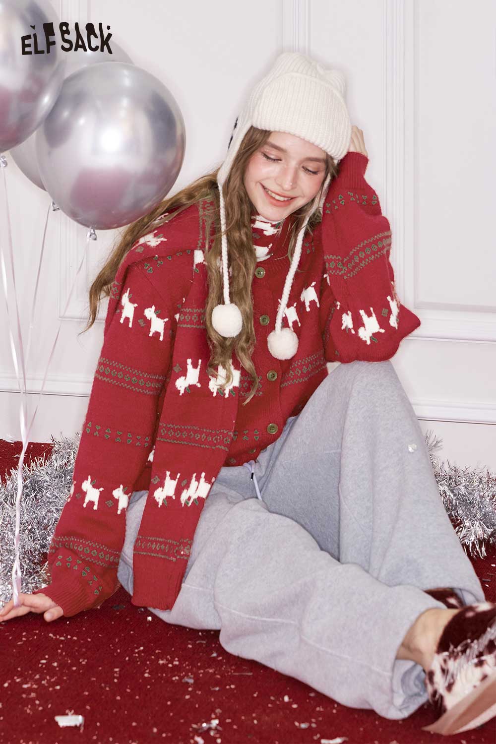 ELFSACK women's Christmas animal graphic cardigan in red with cute animal designs for festive occasions