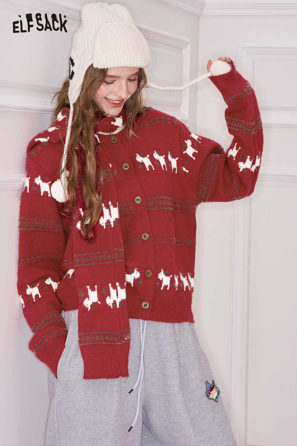 ELFSACK women's Christmas animal graphic cardigan in red with playful animal design for festive wear
