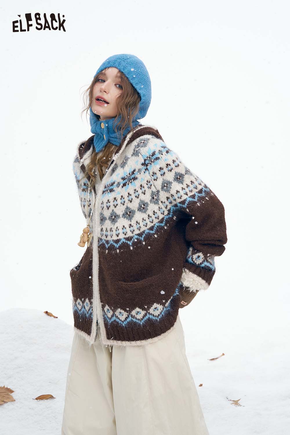 ELFSACK women's Christmas hooded sweater in brown with blue and white knit pattern, perfect for winter wear
