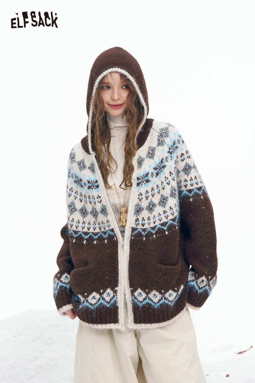 ELFSACK women's Christmas hooded sweater in brown with patterned details and cozy pockets