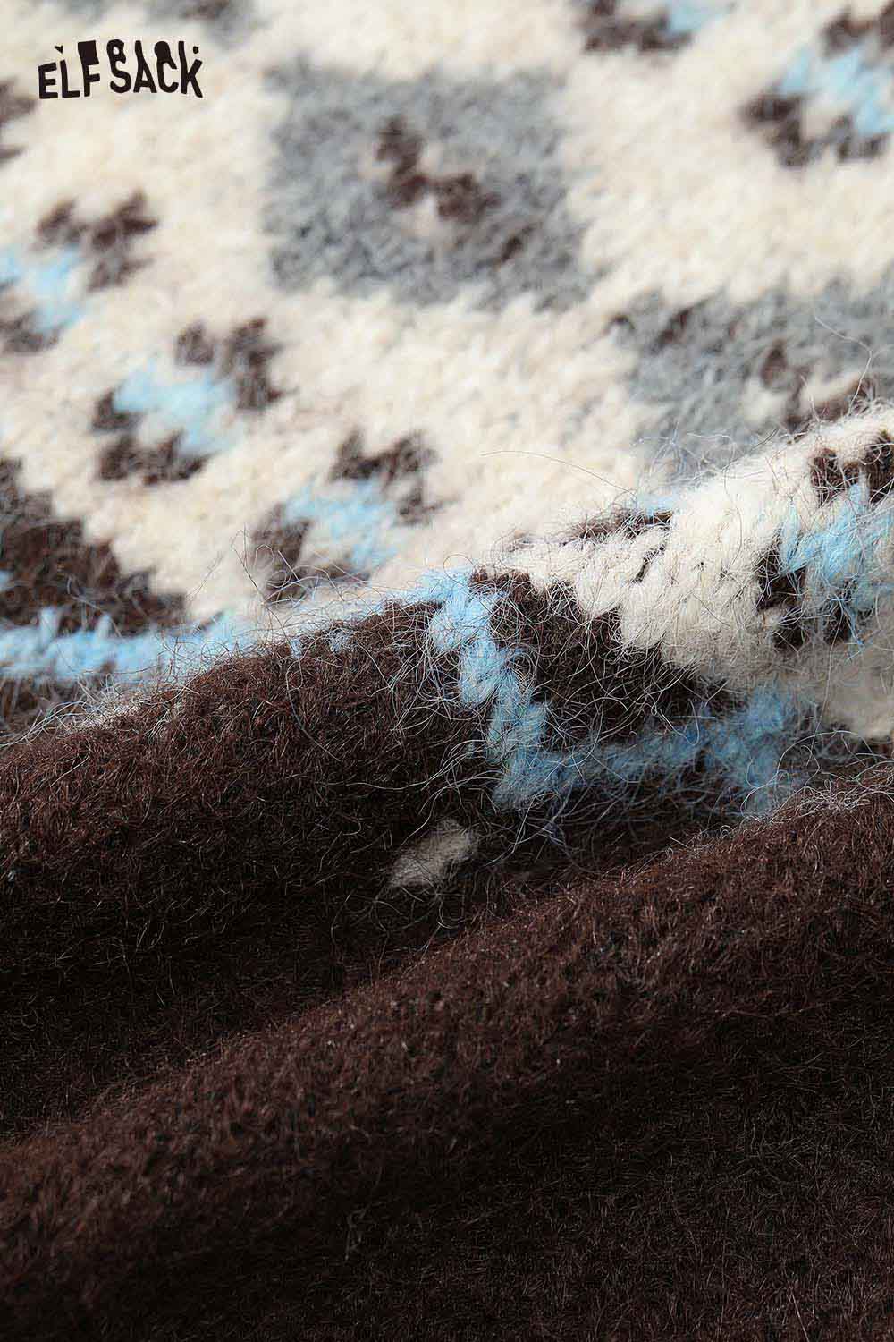 ELFSACK women's Christmas hooded sweater featuring a cozy knit pattern in brown, blue, and white colors