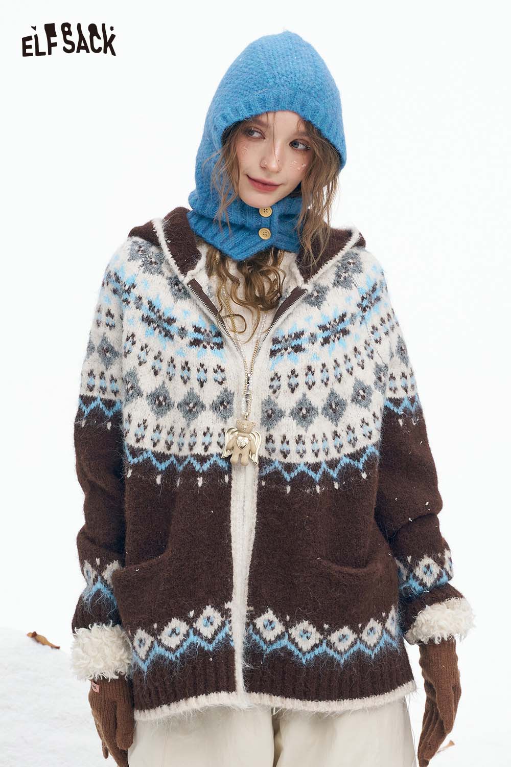 ELFSACK women's Christmas hooded sweater with intricate snowflake patterns and cozy pockets
